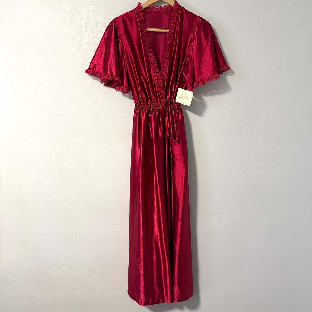 Vintage Val Mode Ruby Red Satin Lace Trim Maxi Robe Small Made in USA NWT
